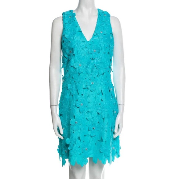 DESIGNER MICHAEL KORS TURQUOISE LACE PATTERN SLEEVELESS V NECK DRESS 4.R - Picture 1 of 11